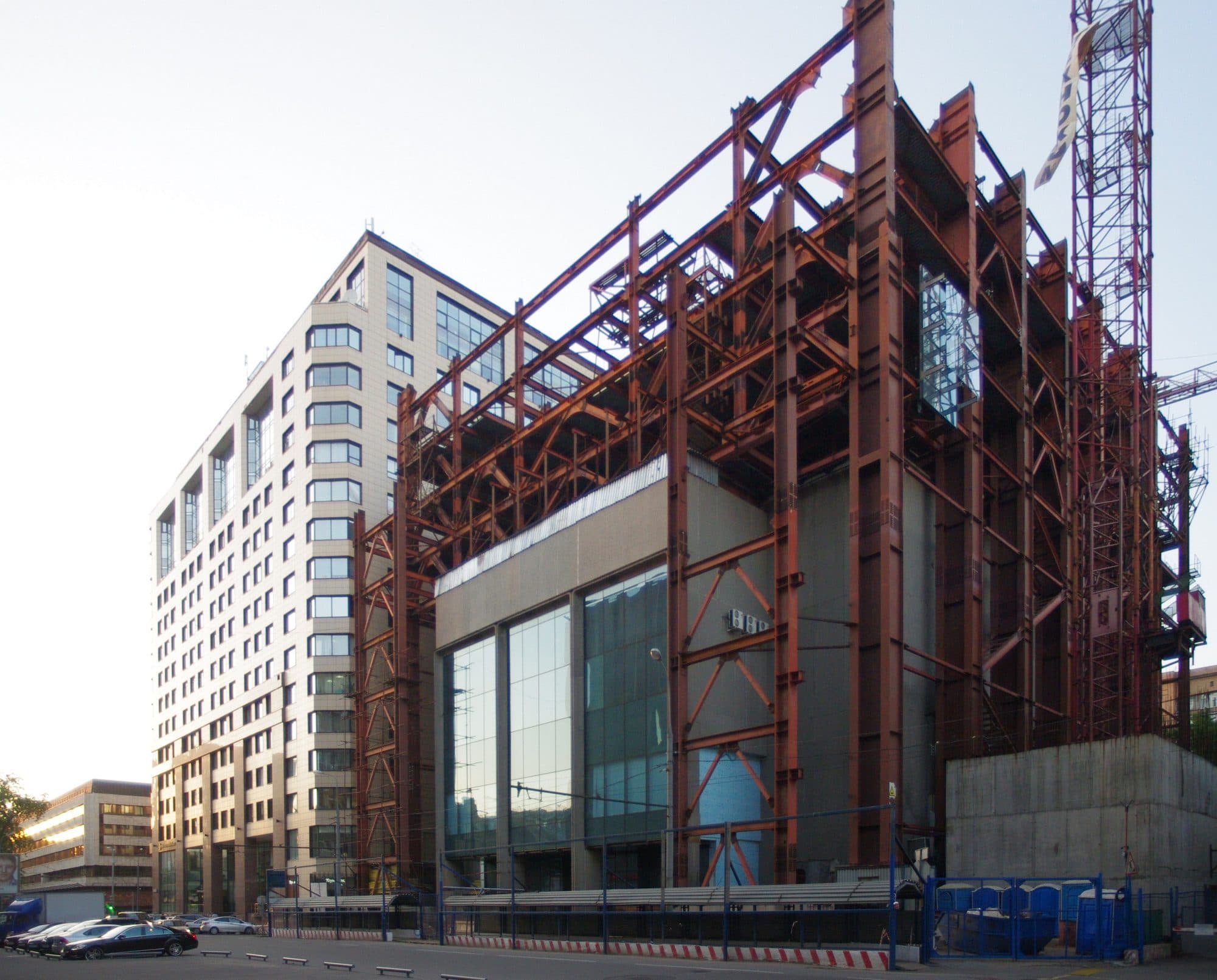 Structural steel columns and beams forming the frame of a commercial building under construction
